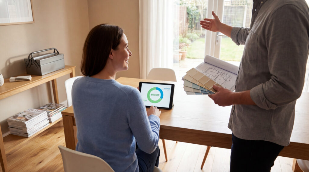 Une femme et un homme planifient un projet de rénovation. Elle consulte un budget sur tablette, il présente plans et échantillons de couleurs.