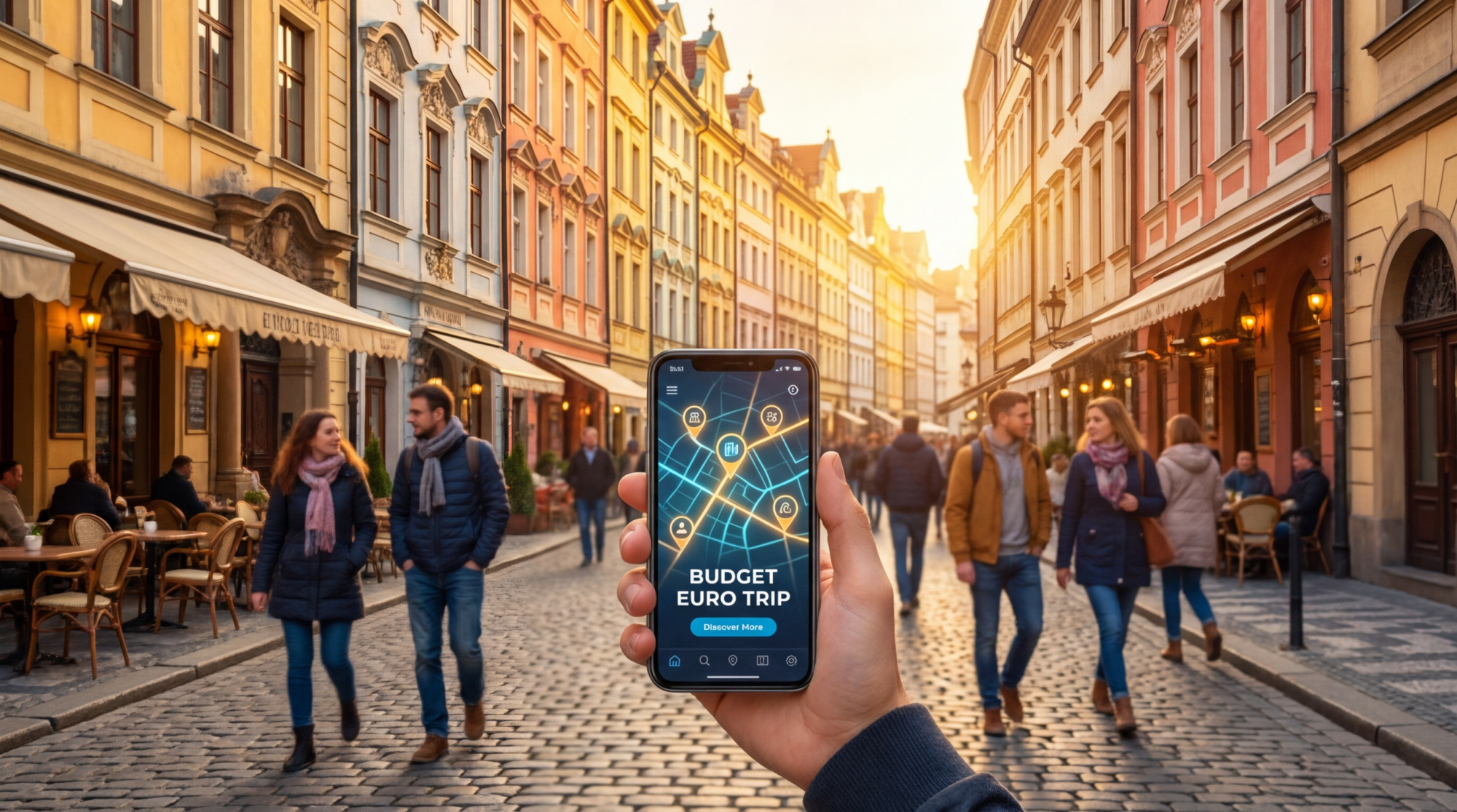 Main tenant un smartphone avec l'application "Budget Euro Trip" sur une carte, devant une rue pavée d'une capitale européenne au coucher du soleil.