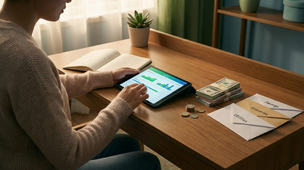 Vue d'une personne utilisant une tablette pour suivre son budget, avec de l'argent et des enveloppes de dépenses sur un bureau.