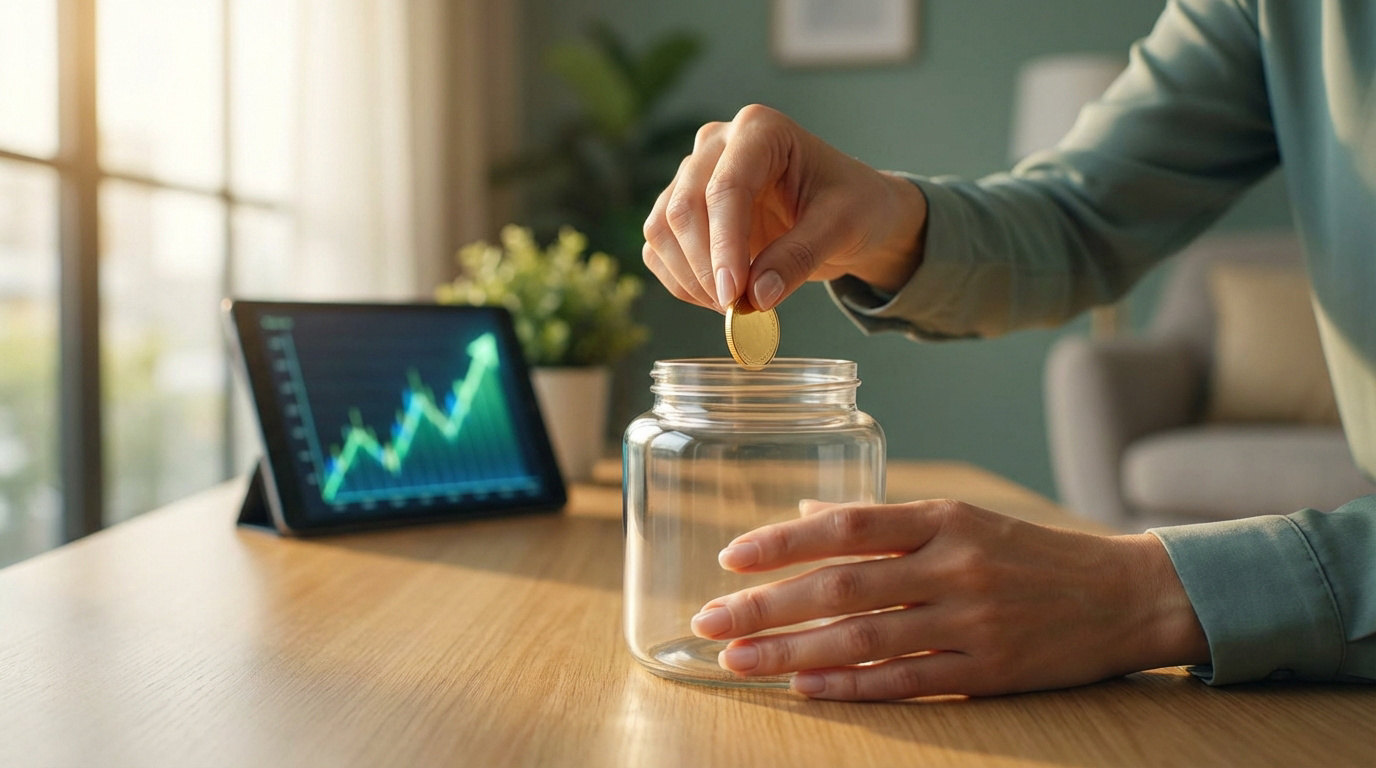 Main déposant une pièce dans un pot en verre vide, symbolisant l'épargne. Une tablette montre un graphique boursier en hausse.
