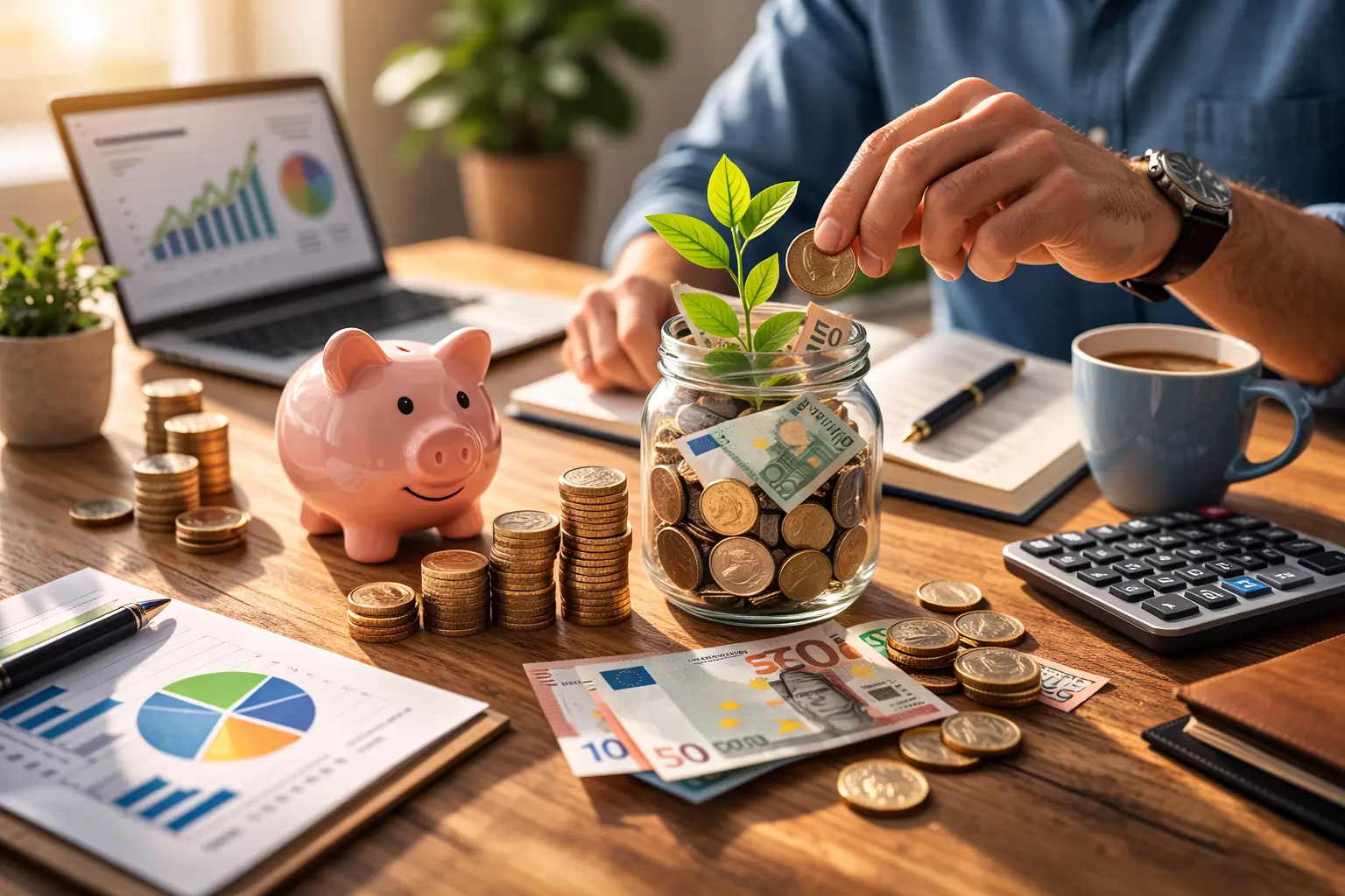 personne mettant de l’argent de côté dans un bocal avec pièces billets et calculatrice pour épargne