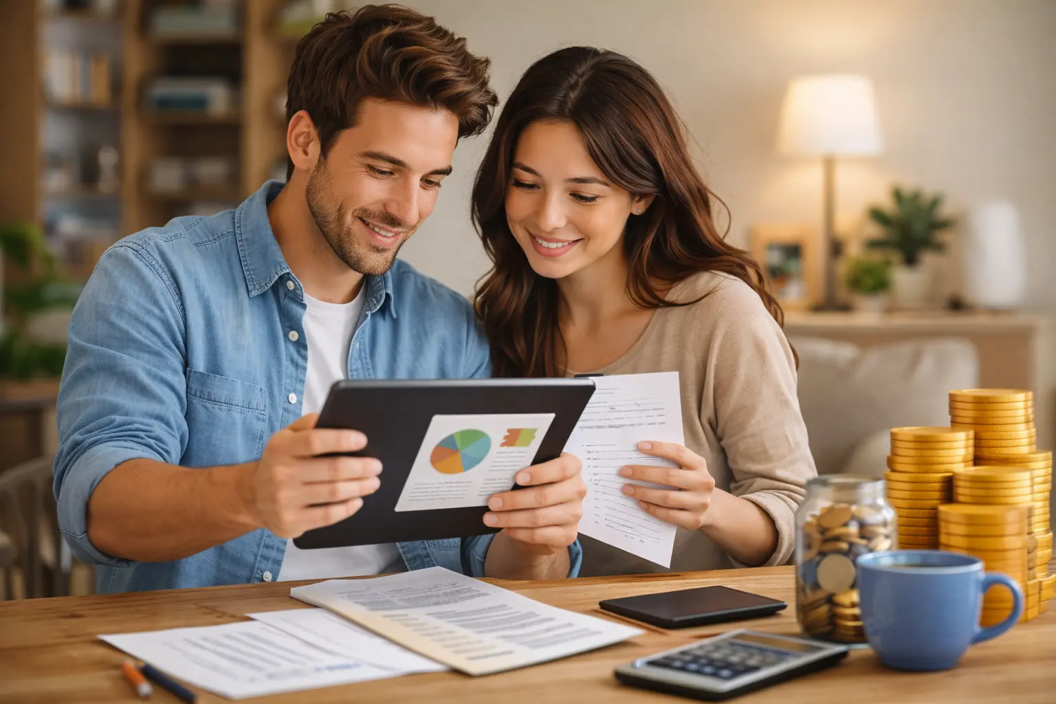 couple analysant leur budget avec documents tablette et calculatrice à la maison