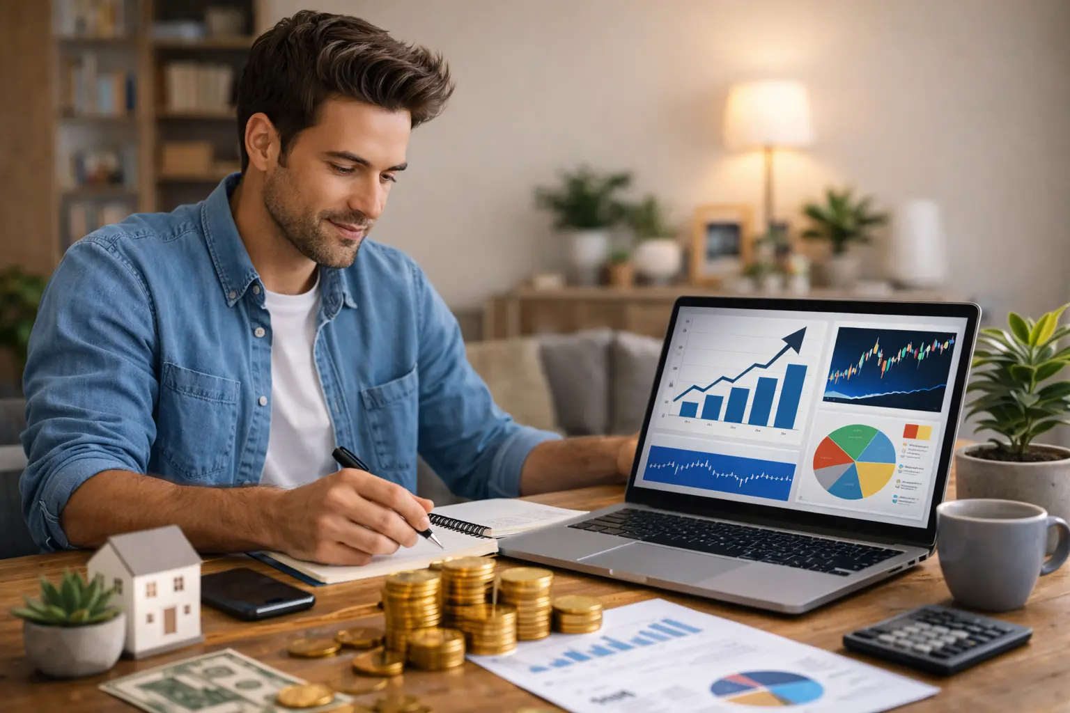 homme analysant ses investissements sur ordinateur avec graphiques financiers et argent sur bureau
