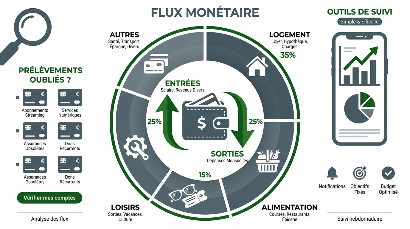 Tableau de bord financier montrant l'analyse des revenus et des dépenses mensuelles