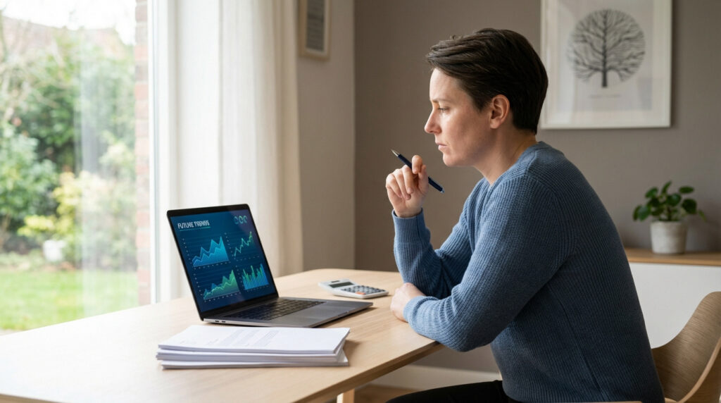 Femme pensant devant un ordinateur portable affichant des graphiques financiers, avec des documents et une calculatrice sur la table.