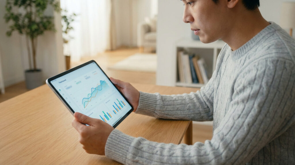 Un homme analyse des graphiques de budget sur une tablette. Il utilise une application pour suivre et gérer ses finances personnelles.