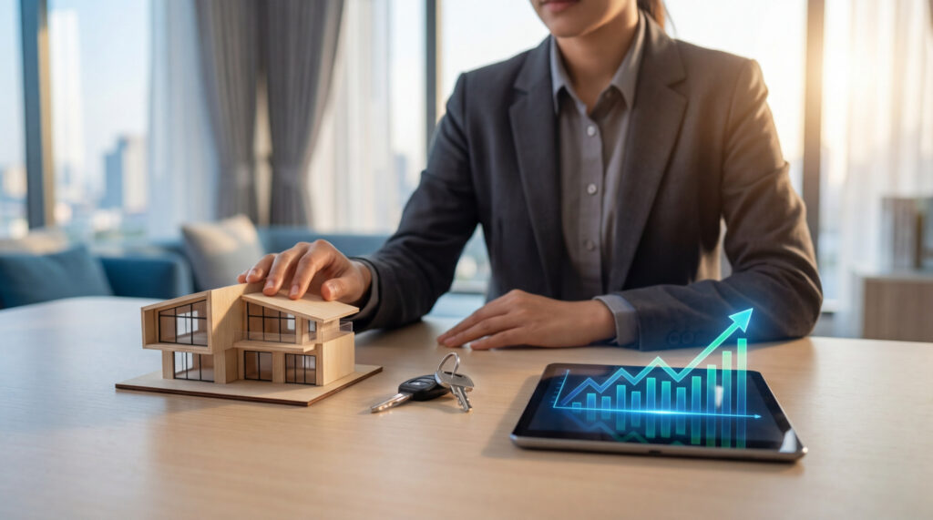 Une personne en costume avec maquette de maison, clés de voiture et tablette affichant une courbe de croissance financière.