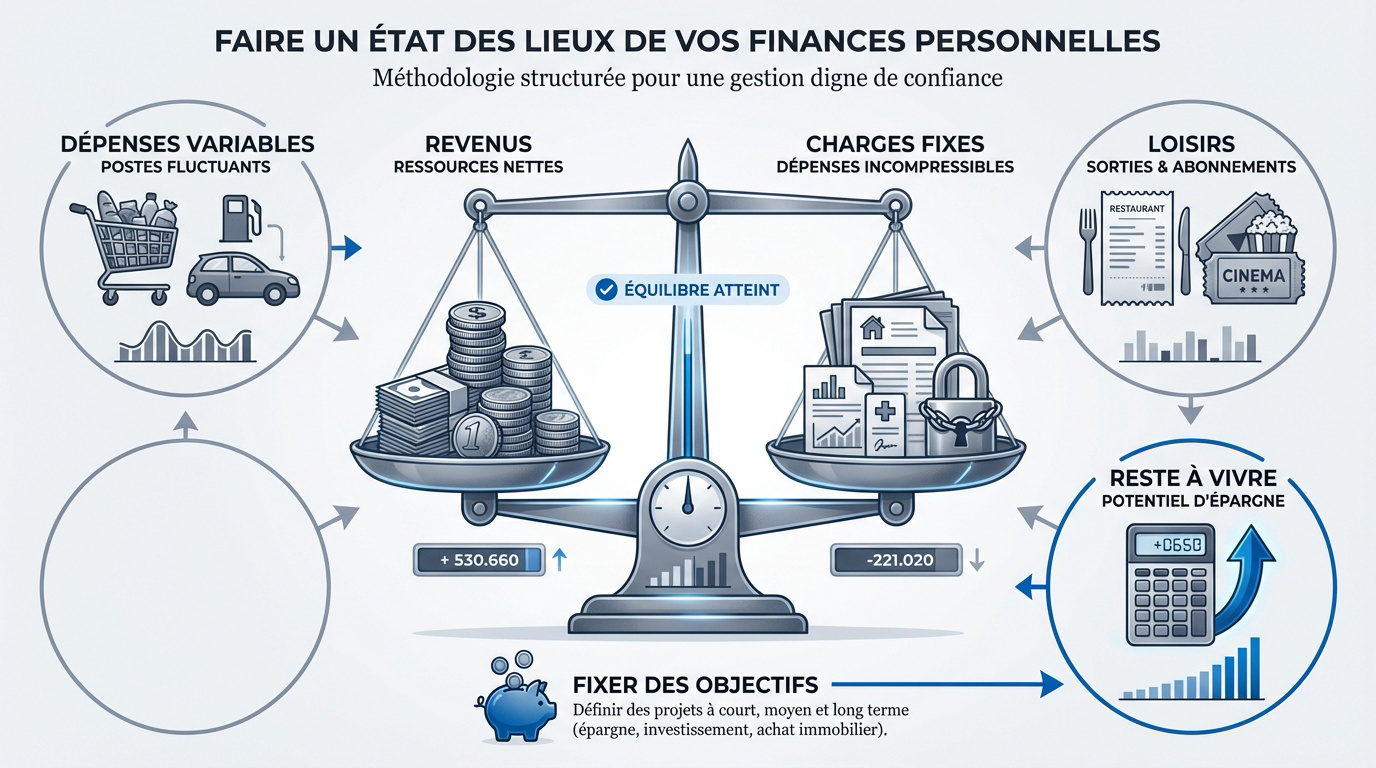 Graphique comparatif entre les revenus mensuels et les dépenses fixes et variables