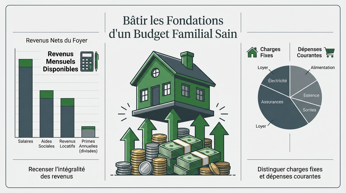 Graphique illustrant la répartition d'un budget familial équilibré entre revenus et dépenses