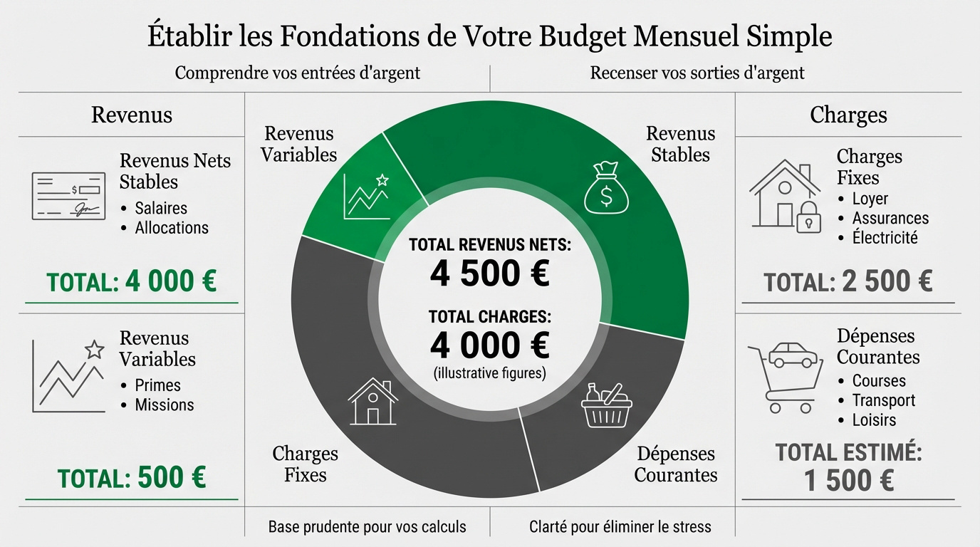 Graphique comparatif entre les revenus nets et les charges fixes pour un budget mensuel simple