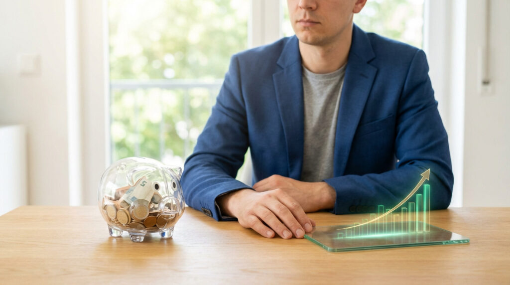 Homme face à une tirelire pleine et un graphique de croissance financière lumineux sur une tablette. Symbole d'épargne et d'investissement.