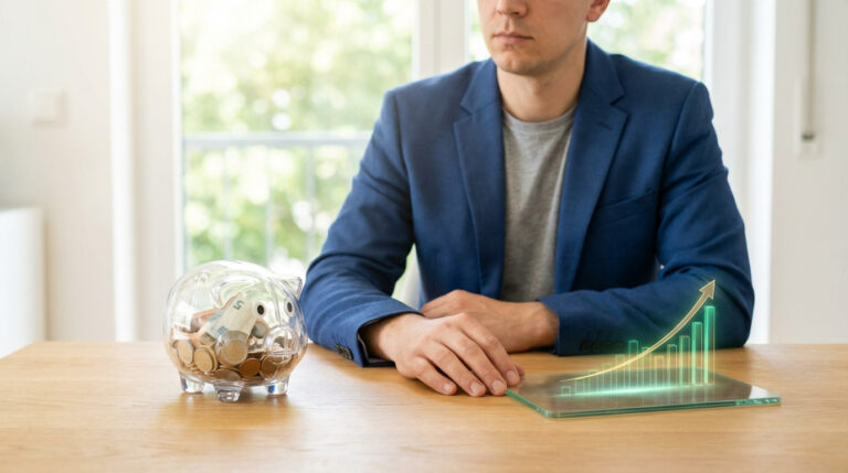 Homme face à une tirelire pleine et un graphique de croissance financière lumineux sur une tablette. Symbole d'épargne et d'investissement.