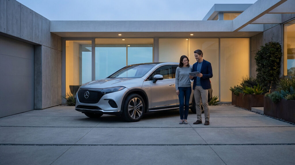 Un couple souriant examine une tablette près d'un SUV électrique Mercedes-Benz argenté devant une maison moderne au crépuscule.