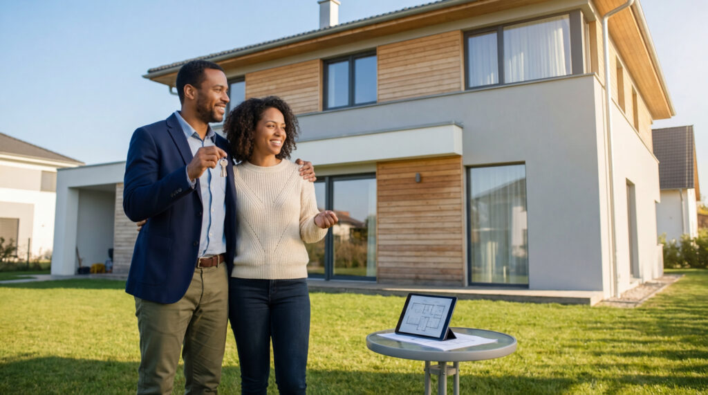 Couple souriant d'origine africaine-américaine tenant les clés de leur nouvelle maison moderne, avec un plan sur tablette.