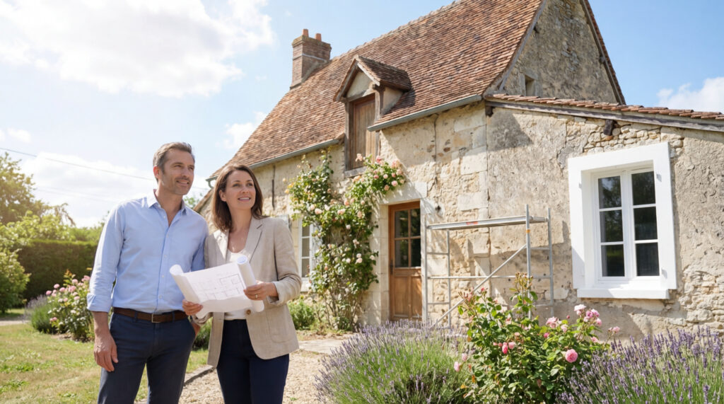 Un couple souriant avec des plans d'architecte devant une charmante maison en pierre avec échafaudage, suggérant rénovation.