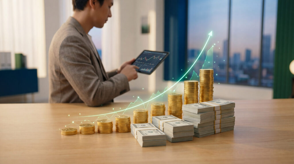 Un homme examine une tablette affichant des graphiques financiers. Sur la table, des piles de pièces et de billets, avec une flèche de croissance verte.