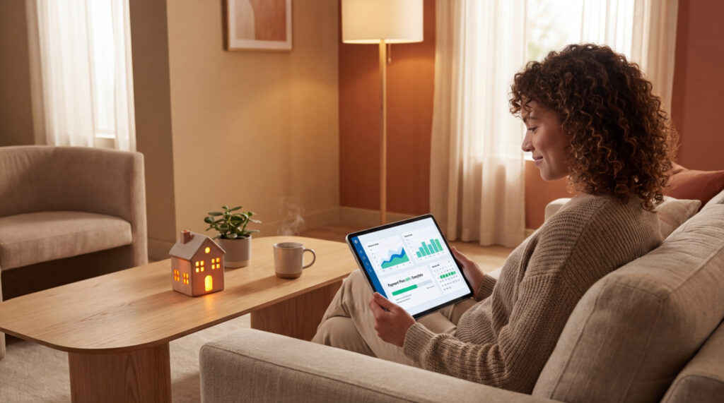 Femme aux cheveux bouclés assise sur un canapé, consultant des graphiques de paiement de fioul sur une tablette à domicile.