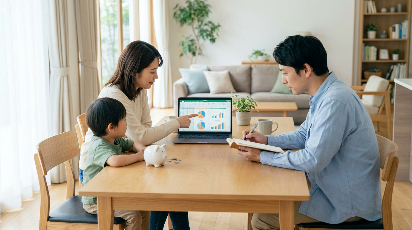Une famille asiatique (mère, père, enfant) gère son budget. La mère montre un tableau financier sur un PC portable, le père prend des notes.