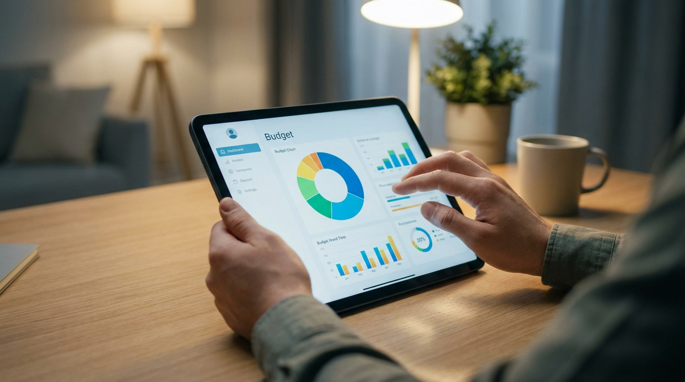 Mains d'une personne naviguant dans une application de budget sur tablette, montrant des analyses financières visuelles.