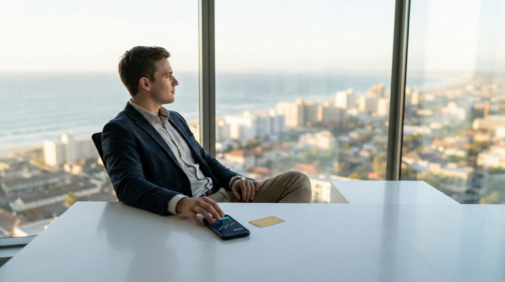 Jeune homme en costume dans un bureau moderne, contemplant la ville et la mer. Téléphone avec graphiques financiers et carte bancaire.