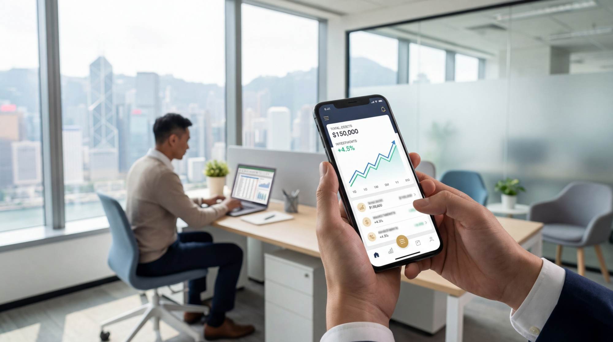 Mains tenant un smartphone avec une app financière affichant 150 000 $ et un graphique de croissance. Un homme travaille sur un laptop en arrière-plan, vue sur Hong Kong.
