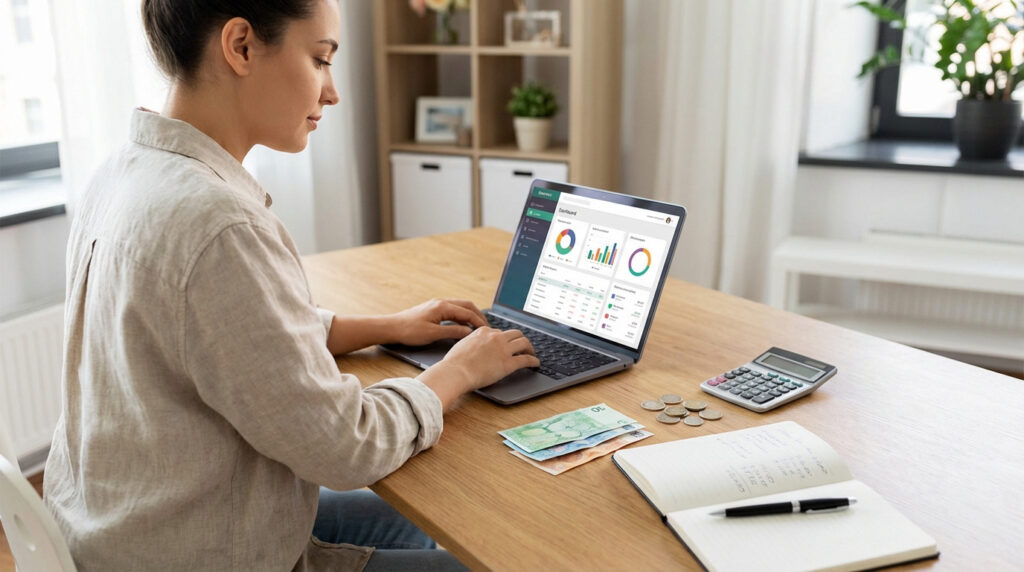 Une femme gère ses finances sur un ordinateur portable, avec billets, pièces, calculatrice et carnet sur la table.
