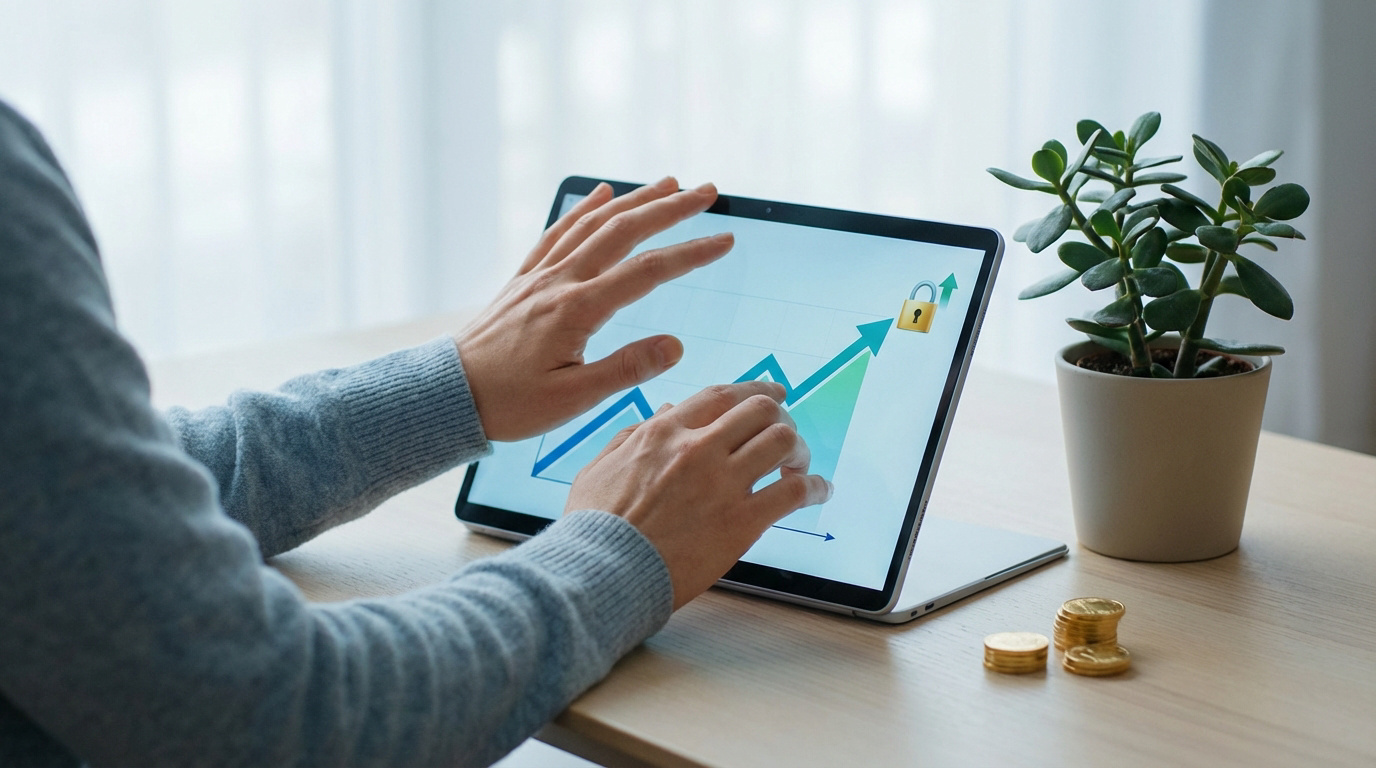 Personne interagissant avec un graphique de croissance sécurisée sur une tablette, avec des pièces d'or et une plante à côté.