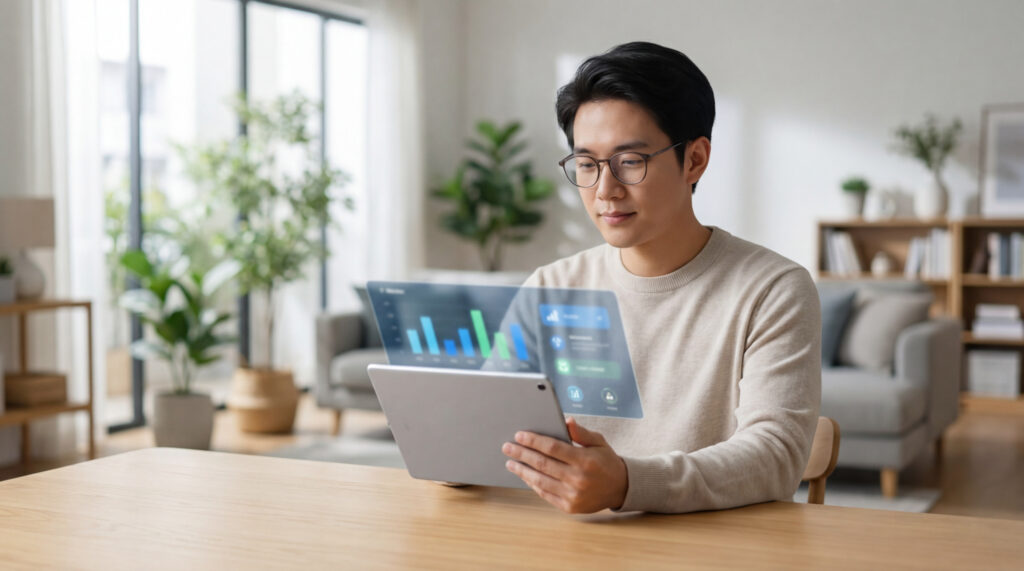 Jeune homme asiatique à lunettes gérant ses comptes sur une tablette avec interface holographique futuriste, dans un salon moderne.