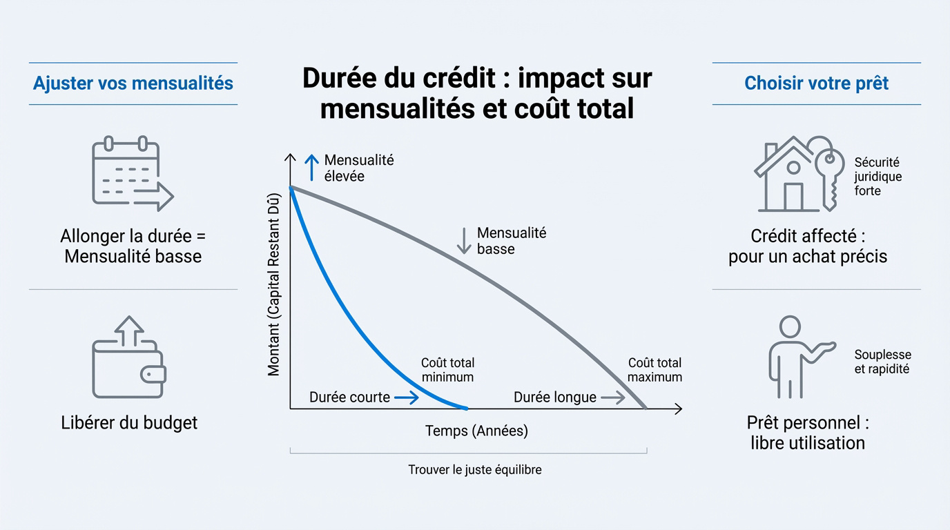 Graphique montrant l'impact de la durée du crédit sur le montant des mensualités et le coût total