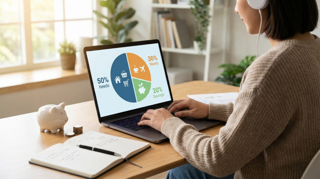 Personne devant un laptop affichant un graphique budgétaire 50/30/20 (besoins, envies, épargne). Tirelire et carnet sur le bureau.