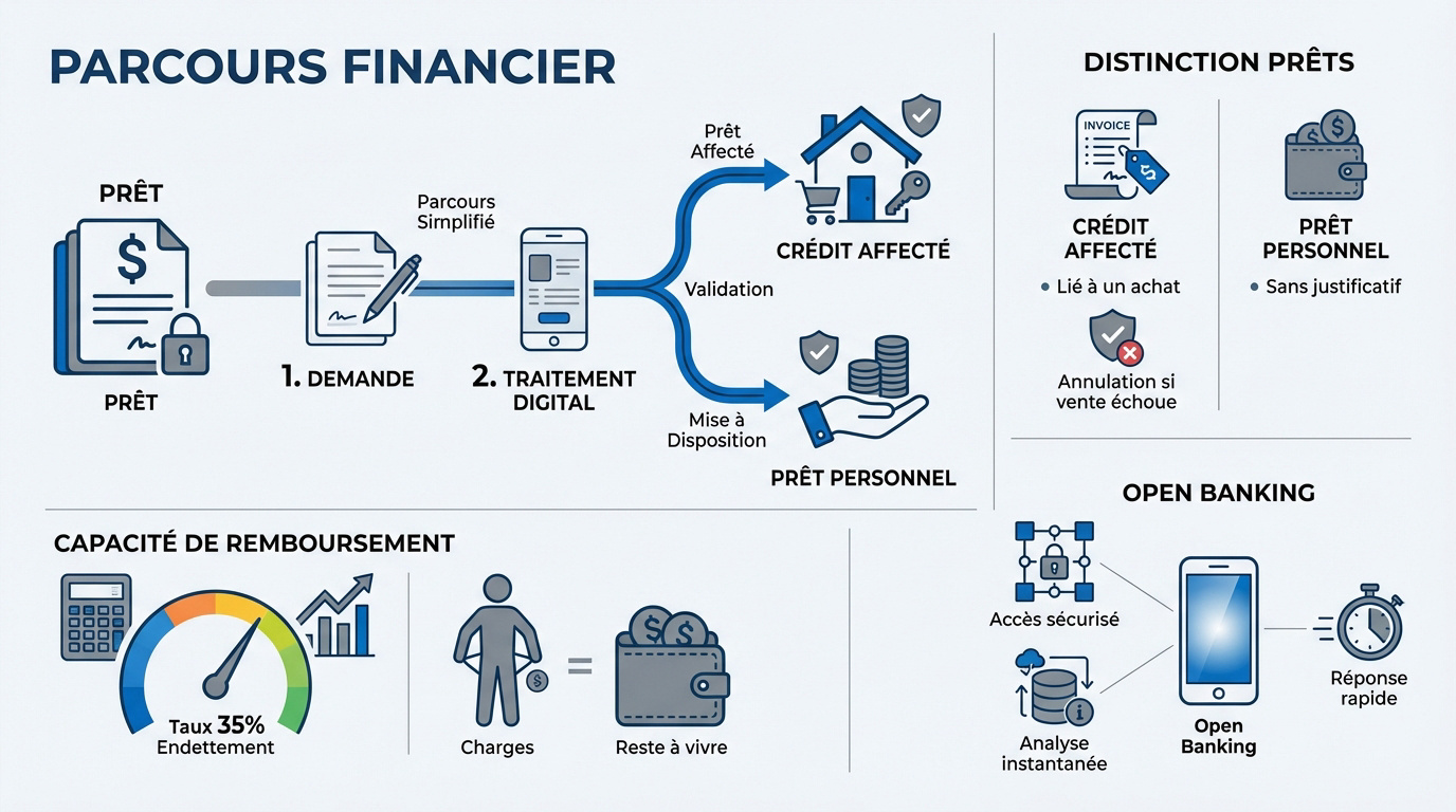 Infographie expliquant le parcours de demande de crédit et les critères d'acceptation bancaire