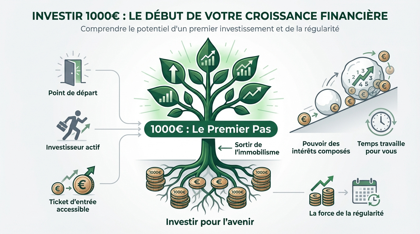 Graphique illustrant la croissance d'un investissement de 1000 euros au fil du temps