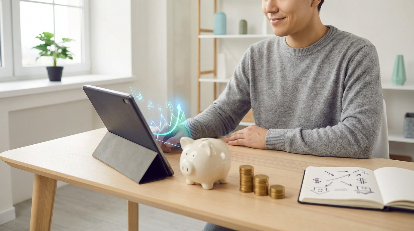 Personne souriante évaluant sa stratégie d'épargne sur tablette. Graphiques de croissance financière, tirelire et pièces illustrent l'investissement.