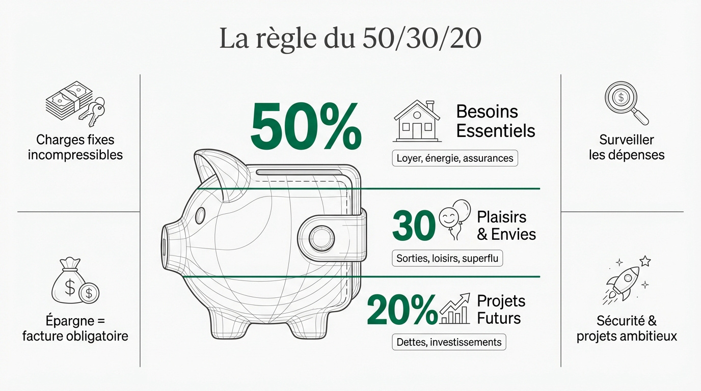 Schéma explicatif de la répartition budgétaire 50/30/20