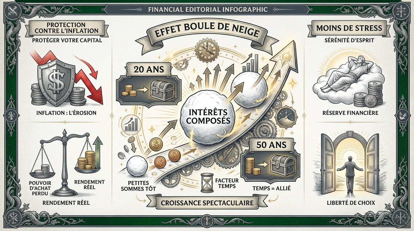 Graphique illustrant l'effet boule de neige des intérêts composés sur le long terme