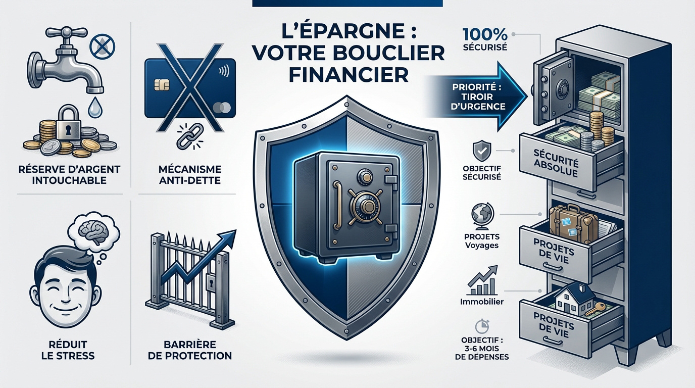 Représentation d'une épargne de sécurité protégeant un foyer contre les aléas financiers
