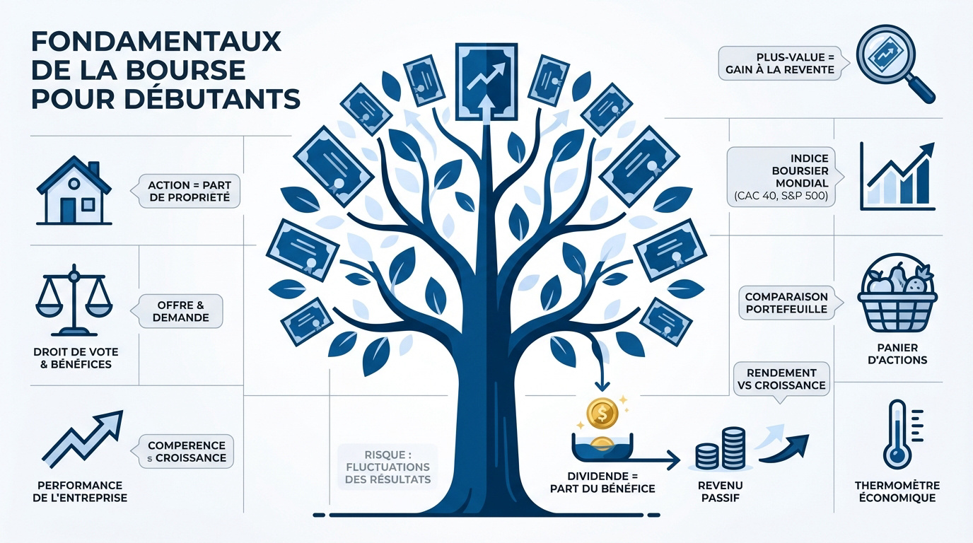 Graphique illustrant les mécanismes de base de la bourse pour les investisseurs débutants