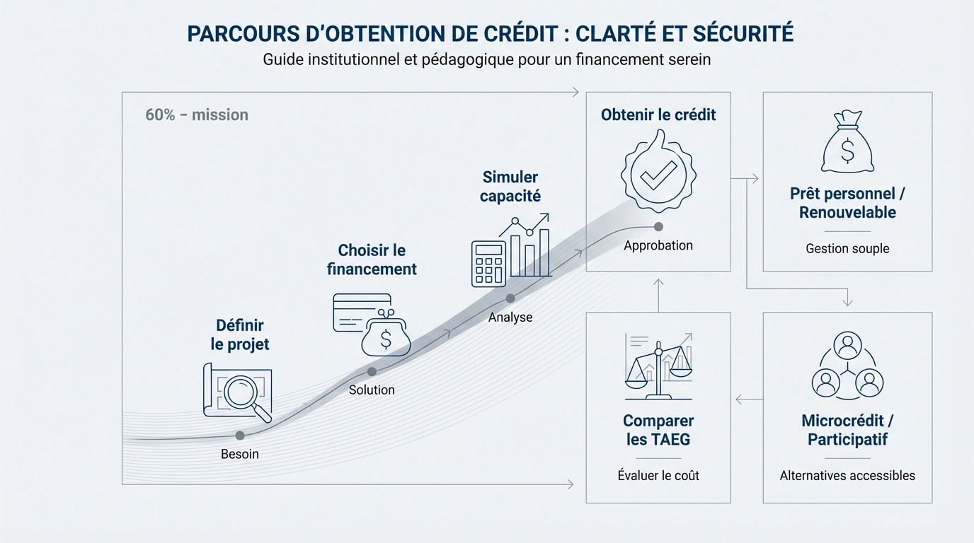 Schéma pédagogique expliquant le parcours sécurisé pour obtenir un crédit facilement
