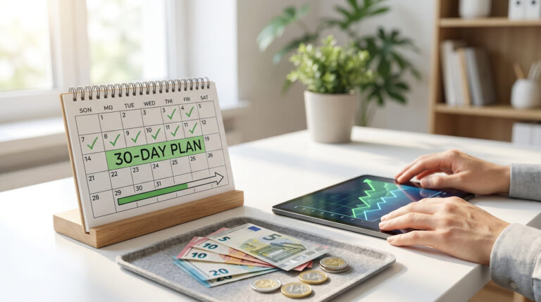 Plan d'épargne de 30 jours sur un calendrier, euros sur un plateau, et mains utilisant une tablette avec un graphique de croissance financière.