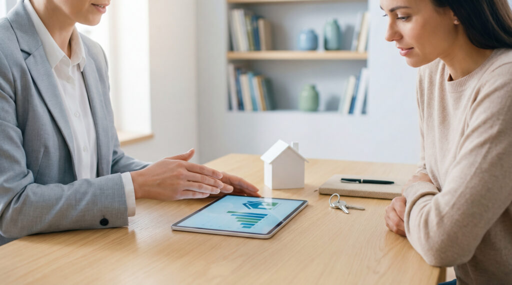 Une conseillère bancaire présentant une offre immobilière à une cliente sur tablette, avec une maquette de maison et des clés.