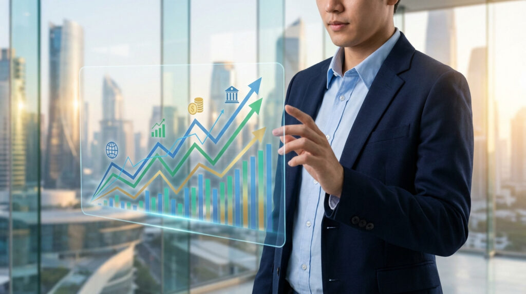 Homme d'affaires asiatique devant un écran holographique affichant des graphiques de croissance financière, ville moderne en arrière-plan.