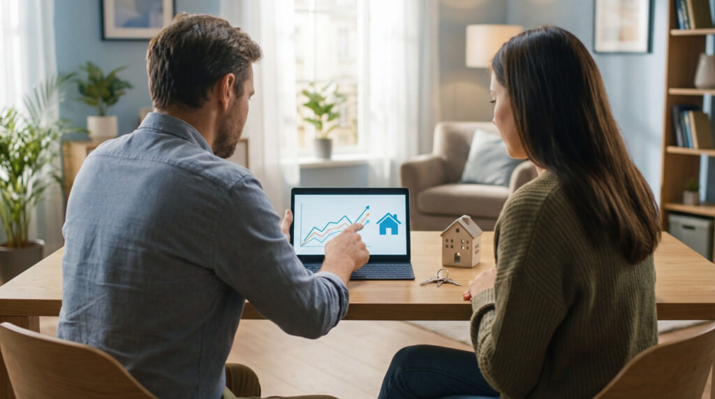 Couple examinant un graphique de croissance immobilière sur un ordinateur portable, avec une maquette de maison et des clés sur la table.