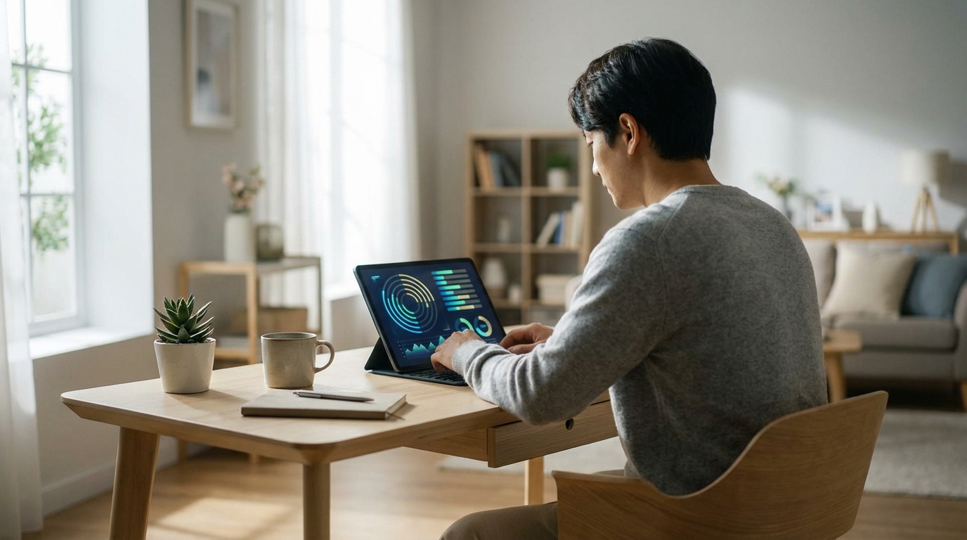 Vue arrière d'un homme analysant des données financières sur une tablette, assis à un bureau clair chez lui.