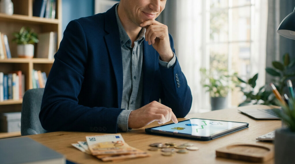 Homme en blazer souriant, réfléchissant devant une tablette affichant des graphiques financiers. Billets et pièces d'euros sur un bureau en bois, dans un bureau lumineux.