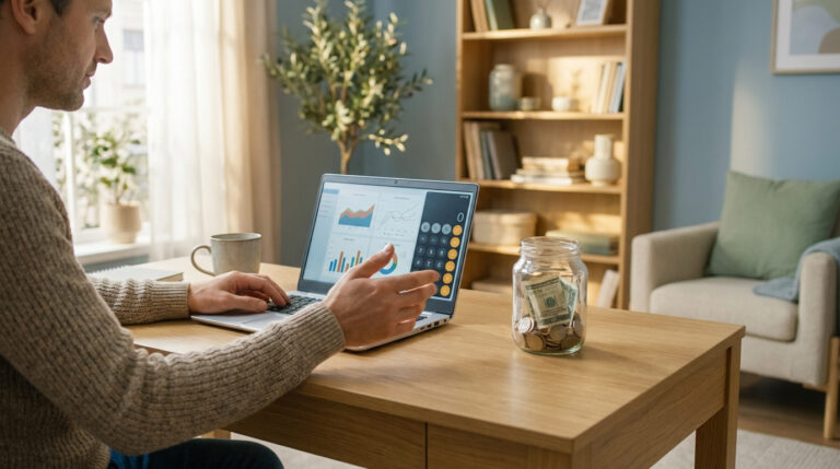 Homme travaillant sur un ordinateur portable affichant des graphiques financiers et une calculatrice, avec une jarre d'épargne sur le bureau.