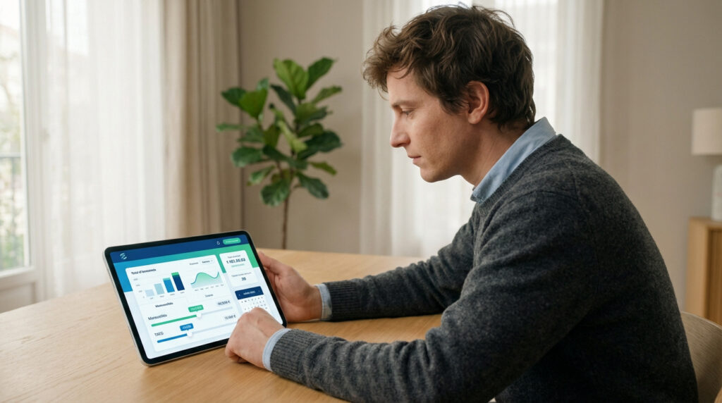 Homme simulant un prêt conso sur tablette, avec des graphiques financiers affichés à l'écran, dans un salon lumineux.