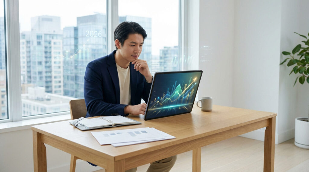 Homme analysant des graphiques d'investissement sur un écran dans un bureau moderne. La ville et "2026" sont visibles derrière lui.