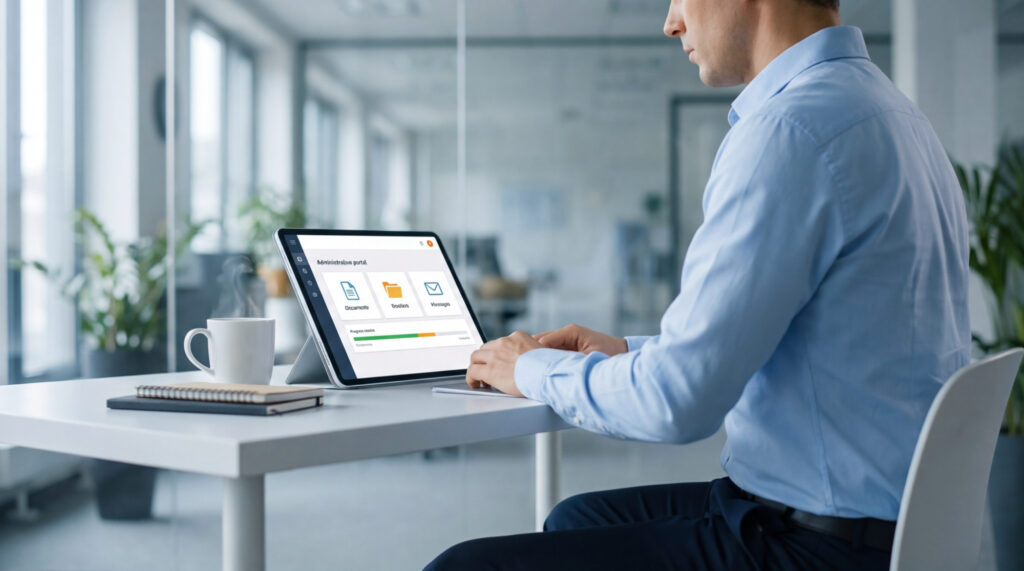 Un homme en chemise bleue utilise une tablette affichant un portail administratif, avec tasse et cahiers sur un bureau.