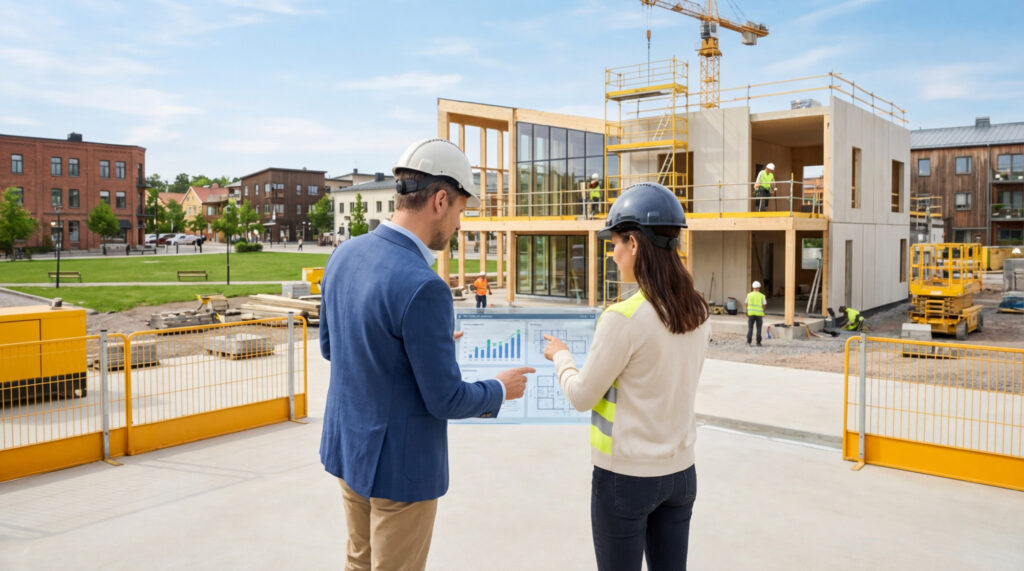 Un homme et une femme en casques consultent une tablette affichant des données et plans de construction sur un chantier.