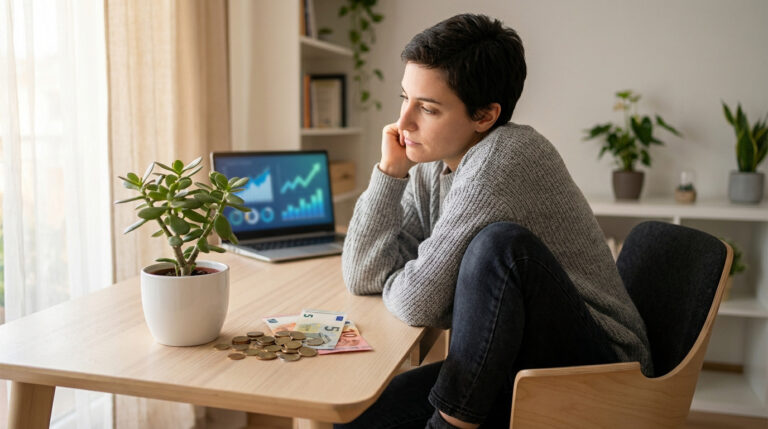Femme pensive à son bureau avec un ordinateur affichant des graphiques de croissance, des pièces et billets en euros.